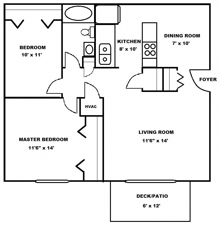 Floorplan for 2 Bedroom 1 Bathroom Apartment